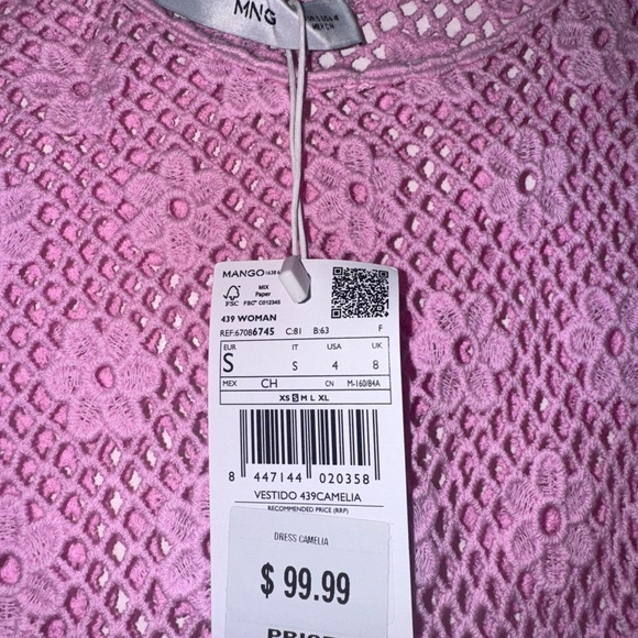 Mango Pink Crochet flower detail Long Sleeve mini dress cover up SMALL - Picture 3 of 4